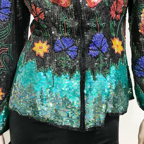 Vintage 80’s 90’s Abstract Floral Print Fully Beaded Sequined Blazer Jacket M - Picture 10 of 16